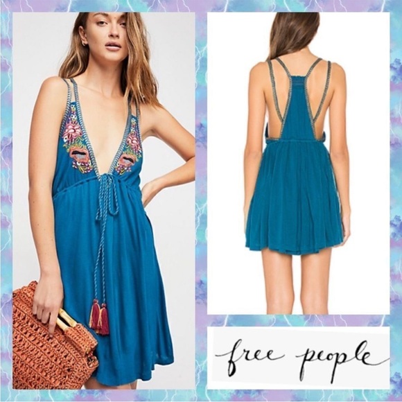 Free People Blue Backless Sundress with Plunge Neckline - Picture 1 of 6